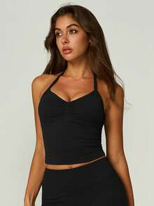 UONNOU 3pcs Women's Sports Shaping Tank Tops, Halter Neck Ruched Design, Removable Pads, Off Shoulder & Open Back, Fitness Workout - Multicolor - View 3