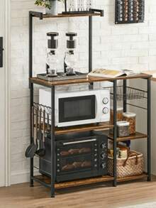 Utility Storage Rack With Shelves, Appliance Stand With Wire Basket, 6 S‑Hooks, Multi‑Purpose Organiser For Pots And Pans, Rustic Brown - Brown - View 1
