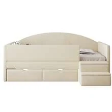 Upholstered Sofa Bed, 90*190 Cm, Multifunctional Bed With Two Drawers And Side Rails, With Steps, Soft Velvet Fabric, No Mattress, Beige - Beige - View 9