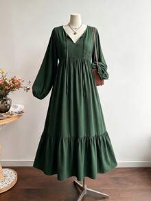 Rusttydustty Women's Autumn Green V-Neck Tie-Front Ruffle Patchwork Long Sleeve Dress, Suitable For Autumn/Winter, Halloween Outfit - Dark Green - View 7