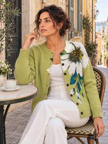 3D Floral Print Cardigan - Flower Pattern, Button Front Design, Lightweight Sweater Fall Vacation - Green - View 1