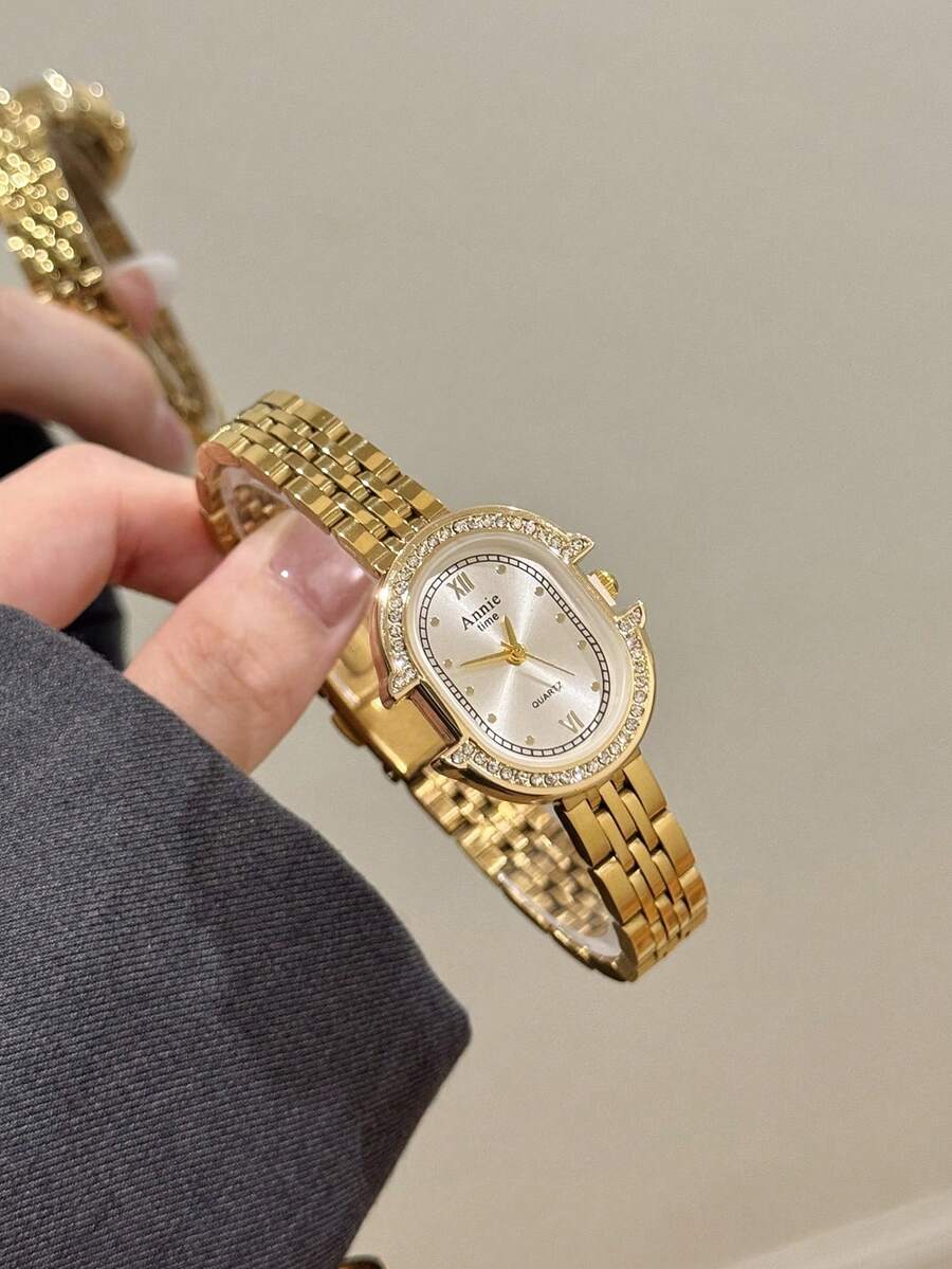 1件時尚白色錶盤金色折疊錶帶極簡混色刻度優雅女款石英手錶,適合日常佩戴 - 金色 - 查看 1