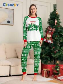 Women's 2pcs Christmas Pajama Set, Raglan Sleeve Deer Christmas Tree Letter Print Top, Green Snowflake Christmas Tree Jacquard All-Over Print Pants, Holiday Loungewear Set - Multicolor - View 5
