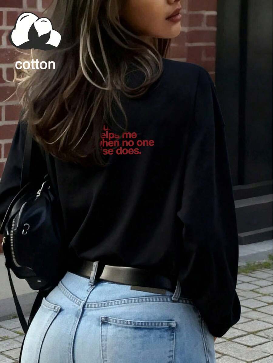 Plus Size Women's Solid Color Crew Neck Long Sleeve Casual Versatile T-Shirt - Black - View 1