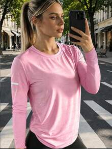 女款網眼透氣長袖春夏修身彈性戶外防曬運動跑步套裝，百搭舒適 - 淺粉色 - 查看 1