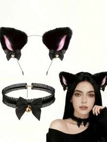 5PCS/Women Cat Ear & Tail Costume Set, Suitable For Cosplay, Adjustable Headband & Tail, Fluffy Cat Accessories, Applicable For Theme Parties, Halloween Various Role Play Costume Props. - Black - View 5