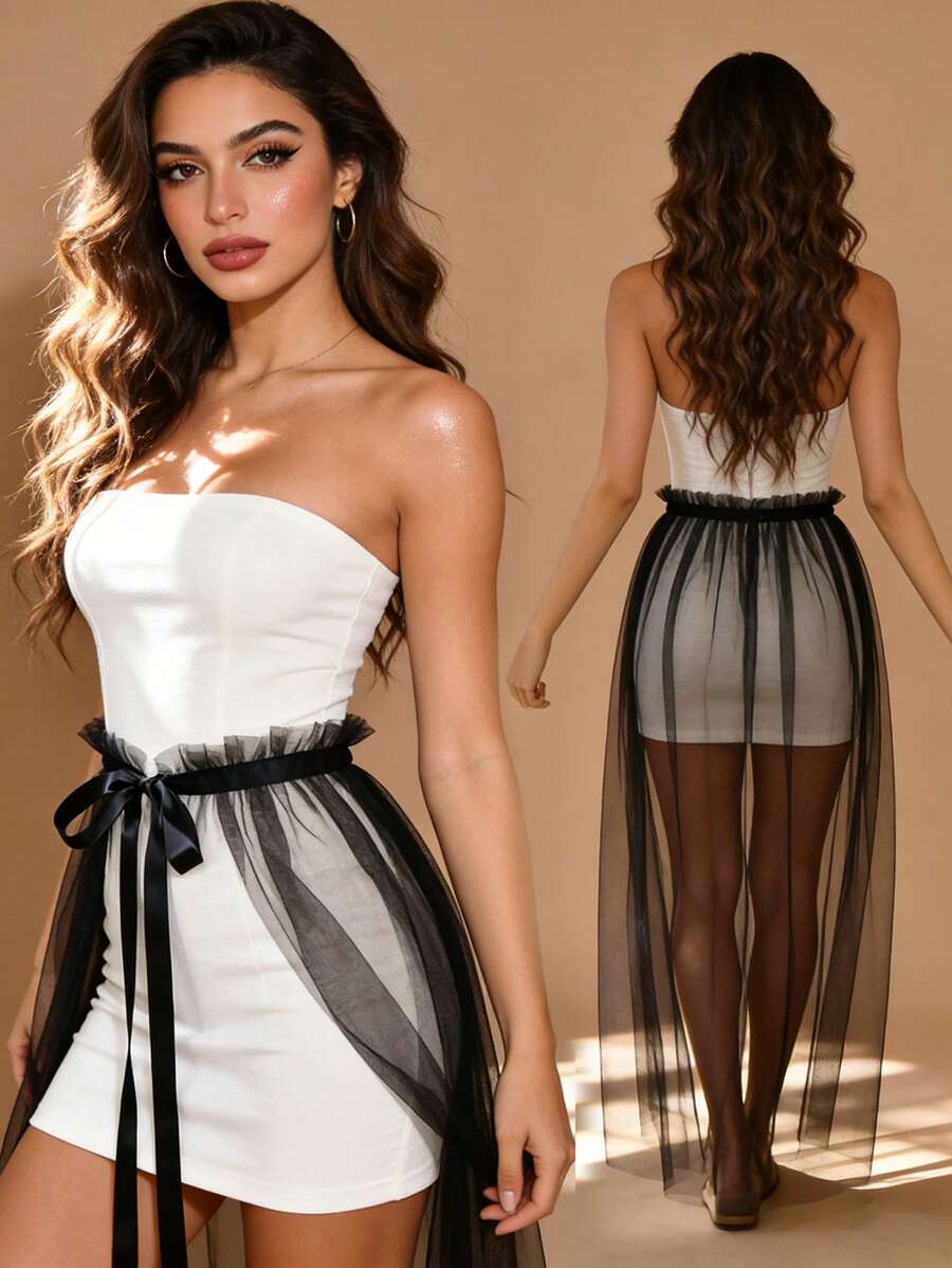 1PC Detachable Black Tulle Overlay Skirt, Ruffle Waist Satin Bow Tie‑On Halloween Cosplay Apron