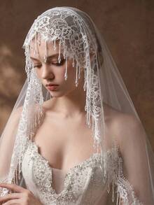 水晶流蘇邊緣婚紗面紗 無梳蕾絲新娘面紗 - 米白色 - 查看 4