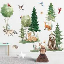 Cartoon Pine Forest Animal Wall Stickers, Self-Adhesive Easy-Tear Bedroom Wall Decor Background Wall Sticker - Multicolor - View 3