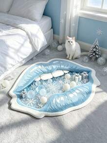 1pc Ice Blue Crystal Snowflake Lips Shaped Rug, Christmas, Decorative Rug, Bedroom Decor, Small Rug, Rug, Home Decor, Living Room Rug, Living Room Small Rug, Bedroom Rug, Living Room Home Decor, Outdoor Rug, Washable Rug - Multicolor - View 2