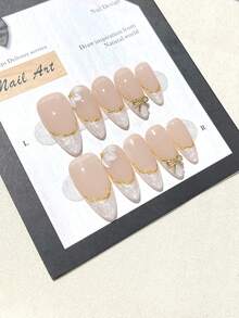 10pcs Handmade French Short Nail Stickers. This Artificial Nail Set Includes Various Colors Such As White, Pink, Gold, Blue And Yellow, With Cute And Charming Designs. Press On Nails - White - View 3