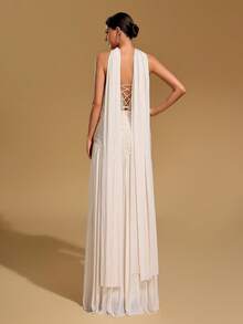 Elegant Mermaid Ball Gown, Women's Strapless Backless Cocktail Dress, Decorated With Sequins And Pearls, Ruched Design - Apricot - View 10