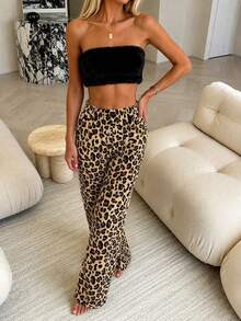 1pc Plush Loose Leopard Print Elastic Waist Long Pajama Pants - Black - View 5