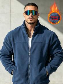 Men's Polar Fleece Casual Solid Color Long Sleeve Jacket, Versatile For Autumn/Winter - Navy Blue - View 1