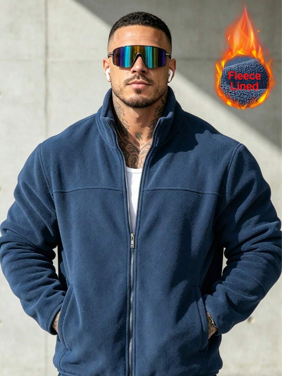 Men's Polar Fleece Casual Solid Color Long Sleeve Jacket, Versatile For Autumn/Winter - Navy Blue - View 1