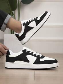 Men's Low-Top Lace-Up Casual Sneakers With Colorblock Design, Suitable For All Seasons, Daily Wear, Commuting And Outdoor Use - White/Black - View 4