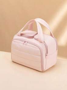 Women's Makeup Bag, Handheld Style, Quilted Nylon, Multi-Zipper, Large Capacity, Portable, For Travel And Home Use (Gift Bag Not Included) - Pink - View 6