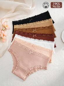 7pcs Women's Solid Color Bow Lace Trim Patchwork Pure Cotton Fabric Comfortable Plus Size Mid-Waist Triangle Panties - Multicolor - View 1