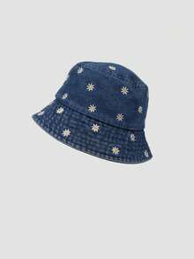 1pc Men's Daisy Embroidered Denim Bucket Hat, Streetwear Vintage Autumn/Winter Versatile Denim Bucket Hat - A - View 7