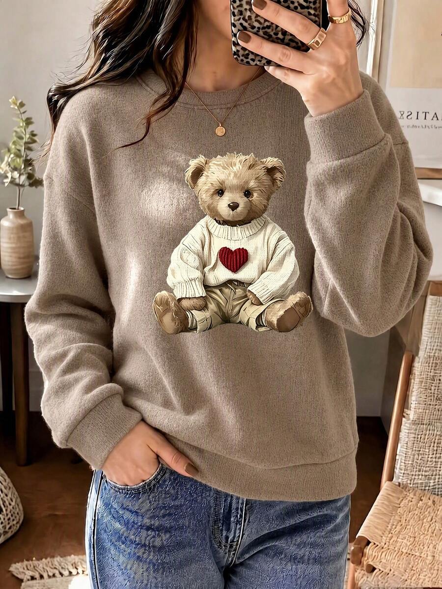 Suéter de manga larga con estampado de oso para mujer talla grande, uso casual diario, nueva moda de otoño 2026 para mujeres,,Falldealsforyou,Falloutfits,Falloutfits - Caqui - Ver 1