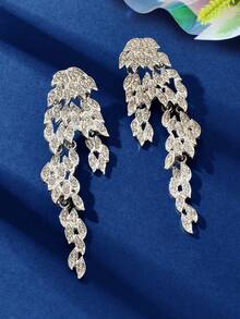 1pair Casual Glam Sparkling Leaf Drop Earrings For Women Cascading Design Weddings Formal Looks Trending Luxury Bridal Jewelry - Silver - View 3
