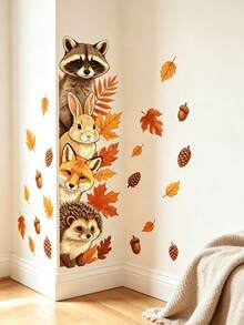 Cute Autumn Forest Animals Vertical Wall Decal, Raccoon Rabbit Fox Hedgehog Autumn Leaves Pine Cone Creative Fun Pattern Wall Sticker Decor For Nursery, Kids Room, Classroom, Bedroom, Living Room Wall, Easy To Apply And Remove High Quality No Glue Adhesive Film, Fall Autumn Atmosphere Decor Sticker - Multicolor - View 7