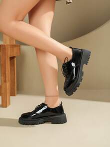 1 Pair Girls Black Glossy Lace-Up Thick Sole Loafers, Fashionable School Style Comfortable Versatile Shoes - Black - View 6