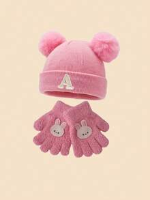 3pcs Baby Letter Pom Pom Knitted Hat And Gloves Set, Baby Girl Winter Warm & Cold-Proof Set, Suitable For Autumn/Winter Outdoor Fashion Matching, Perfect As A Gift - Pink - View 4