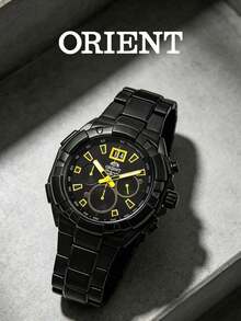 Orient Men's All-Black IP Plated Chronograph Quartz Watch, Racing Style Black & Yellow Contrast Dial, Speedometer Scale, Large Dual Window Date, Durable Sports Watch - Black - View 3