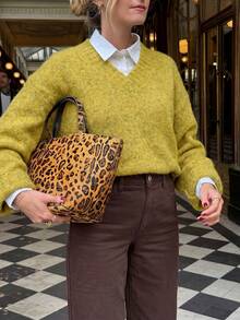 Women's Minimalist V-Neck Ribbed Long Sleeve Loose Pullover Sweater, Soft And Comfortable, Versatile For Daily Wear, Casual Autumn/Winter Outfit - Mustard Yellow - View 1