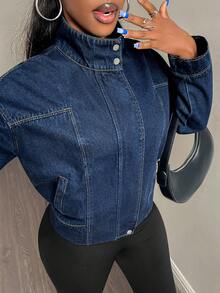 Vintage Dark Blue Denim Jacket For Women, Contrast Stitching Zipper & Button Front, Loose Fit Short Casual Jacket - Denim Original Color - View 7
