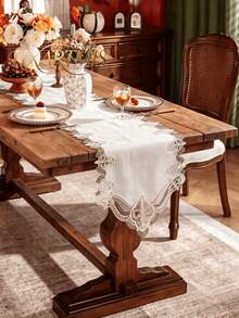 HXARTMIS 1PC Vintage Coffee/Green Hollow Embroidery Trim Table Runner, Embroidered Lace Faux Linen Texture Table Runner, Suitable For Wedding, Party And Home Decor - Green - View 9