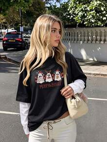 Black Fake Two‑Piece Layered Long‑Sleeve Tee Christmas Ghost Gingerbread Print Oversized Round Neck Top For Fall Winter Holiday&Back‑To‑School Outfits - Black - View 1