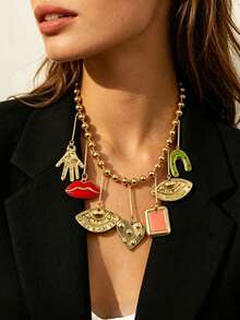 Mixed Metal Layered Charm Necklace Evil Eye Hamsa Lips Pendant - Evil Eye Necklace - View 10