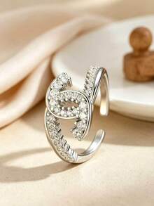 Double-Wrap Design, Fully Embellished With Sparkling Zirconia, Open Adjustable For Easy Wear; Available In Gold And Silver, Suitable For Daily, Date, Party And Various Occasions - Full Diamond Double C Ring - View 3