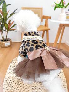 1pc Pet Clothes Dog Cat Apparel Autumn/Winter New Warm Leopard Print Tulle Wedding Dress - Brown - View 12