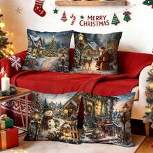 4pcs/1pc Winter Country Christmas Cottage Pattern Pillow Case, Single-Sided Printed Pillow Cover, Suitable For Living Room Bedroom Home Decor, All Season Pillow Case - Multicolor - View 2