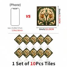 Vintage Floral Tile Decal 6 X 6 Inches Self-Adhesive Waterproof 2D Flat Wall Sticker, Detachable Home Decoration For Kitchen And Bathroom (10/20 Pieces) - C - View 12