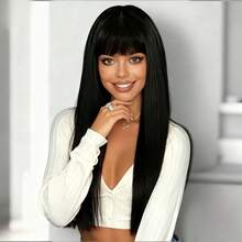 70cm Straight Hair Wig With Bangs, High Density, Natural Look, Soft And Smooth, Adjustable Cap Net, Secure Fit, Comfortable Wear, Fashionable And Elegant, Versatile, Suitable For Daily Wear, Cosplay, Christmas Costume, For All Women - Black - View 2