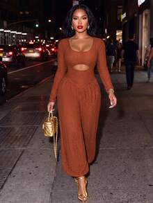 Women's Autumn Knit Oversized Scoop Neck Jumpsuit, Hollow Waist Design, Long Sleeve Ruched Detail, Long Jumpsuit, Suitable For Holiday Wear - Brown - View 5