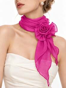 Women's Lightweight Sheer Chiffon Scarf With Detachable 3D Rose Decor, Wavy Ruffle Edge Long Neck Scarf, Suitable For Wedding, Party And Daily Wear - Multicolor - View 7