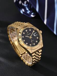 RICECGO 1pc Business Gold Men's Quartz Watch - Gold - View 3