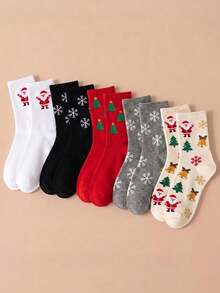 5 Pairs Autumn/Winter Christmas Atmosphere Mid-Calf Socks, Santa Claus Snowflake Bell Jacquard Pattern, Elastic Girls' Holiday Socks - Multicolor - View 8