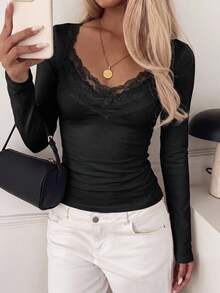 Women's Y2K Contrast Lace Long Sleeve Top, Cute Basic T-Shirt, Suitable For Back To School, Streetwear, Daily Commute And Home Leisure - Black - View 2