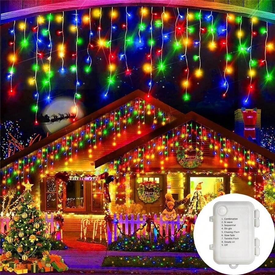 1pc 45/80/96/150LED Icicle String Lights, 8 Lighting Modes, AA Battery Powered, Wedding Garland Fairy Lights, Home Room Decor, Halloween Christmas Decoration - 8-mode AA Icicle Lights - View 1