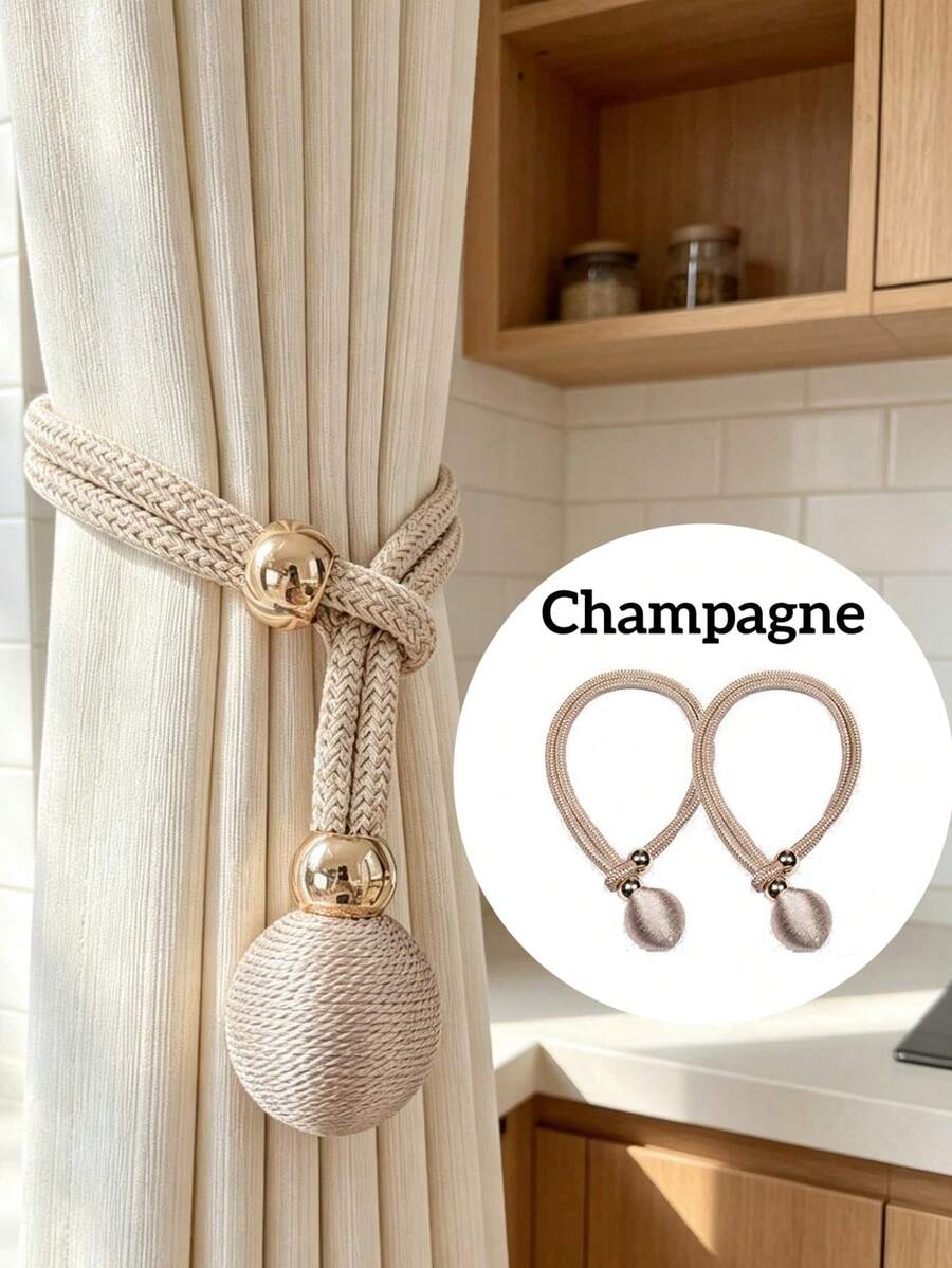 1pc Luxury Metal Ball Curtain Tieback, Curtain Tiebacks Elastic Stretch, Single Ball Tassel Holdbacks,Woven Rope Curtain Holdback, Polyester Rope Drawstring Buckle, For Home, Living Room, Bedroom Window Decor (Champagne) - Champagne - View 1