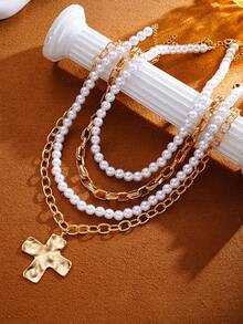 4pcs Vintage Fashion Gothic Punk Style Multi-Element Metal Cross Pendant & Layered Faux Pearl Beaded Necklace Set, Suitable For Men's Daily Wear, Party Decoration, Outfit Matching Charming Jewelry Set - Yellow Gold - View 5