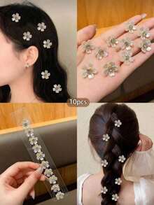 10pcs Rhinestone Pearl Flower Hair Clips, Braid Hair Clips, Women's Hair Accessories, Wedding Pearl Flower Hair Decor, Beach Seaside Vacation Hair Accessories, Floral Hair Clips - White - View 5
