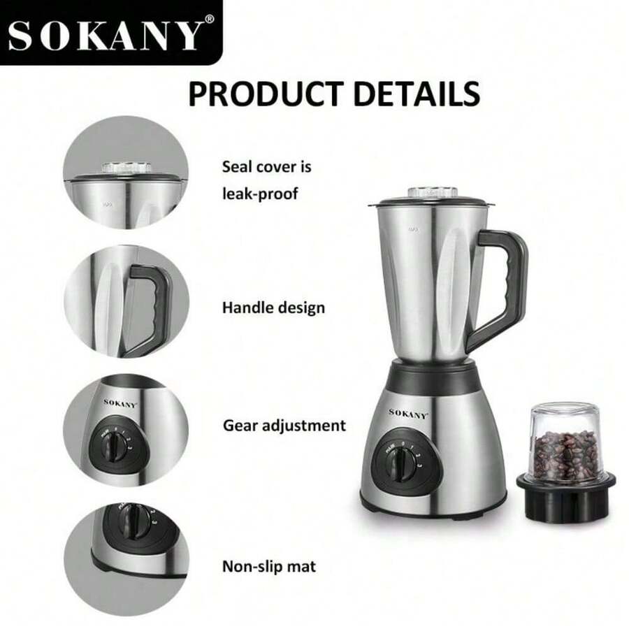 SOKANY 03012 Multi-Function Blender And Food Processor, Juice, Crush Ice, Grind And Cook All-In-One. 3 Speed Settings, Includes Grinding Cup, 2-In-1 Design, 1.5L Capacity, Stainless Steel Blades - Silver - View 1