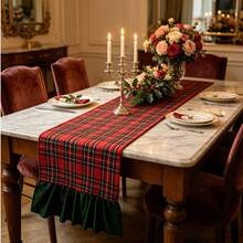 1pc Vintage Christmas Red & Green Plaid Table Runner With Pleated Ruffle Edge, Long Decorative Table Runner For Home Dining Table, Holiday Photography - Multicolor - View 1